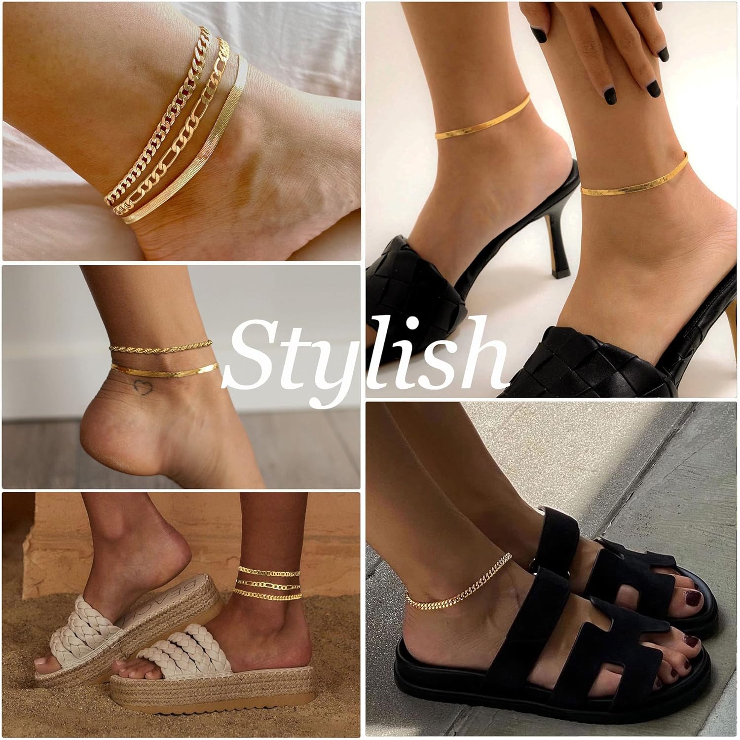 Gold Ankle Bracelets for Women Waterproof - Dainty 6Pcs 14K Gold Plated Anklets Layered Cuban Link Chain Herringbone Cute Anklets Set Pack Summer Beach Jewelry Gift for Women Teen