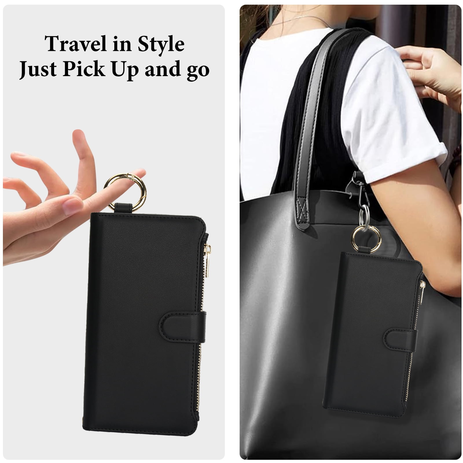 ELEHOLD For iPhone 13 Pro Max Phone Case Leather Crossbody Zipper Card Wallet Flip Case Kickstand Cover, with Ring Holder,Full Body Protection-Black