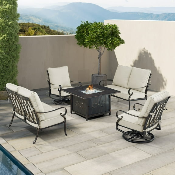 Black Aluminum Fire Table Set with Two Loveseats and Two Club Chairs