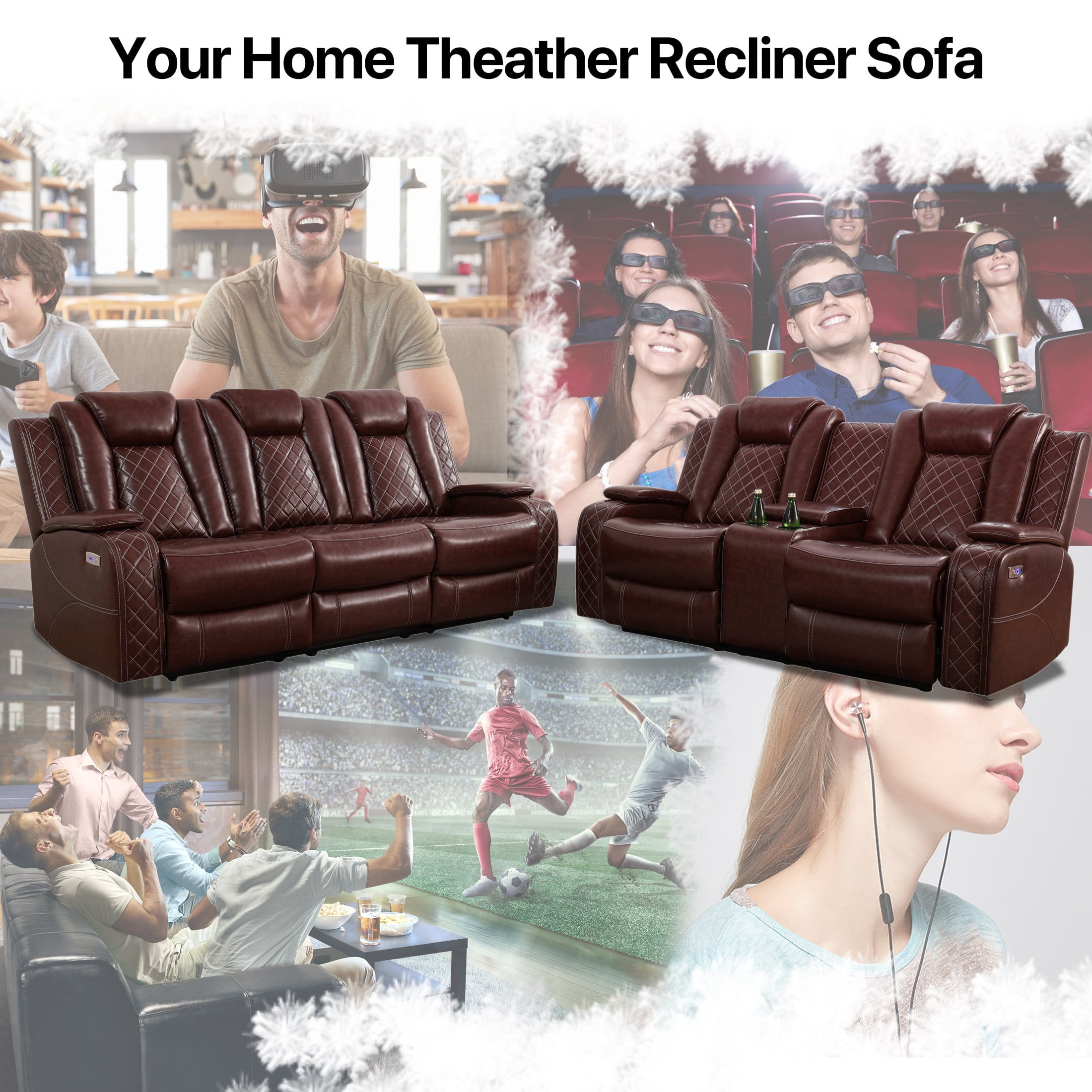 Aukfa Power Recliner Chair Sofa with Storage and USB for Living Room,Brown