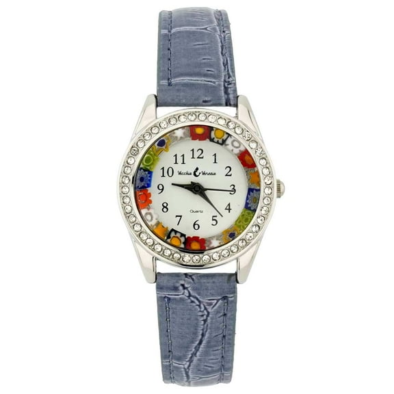 GlassOfVenice Murano Glass Watch Millefiori And Crystals With Leather Band - Light Blue