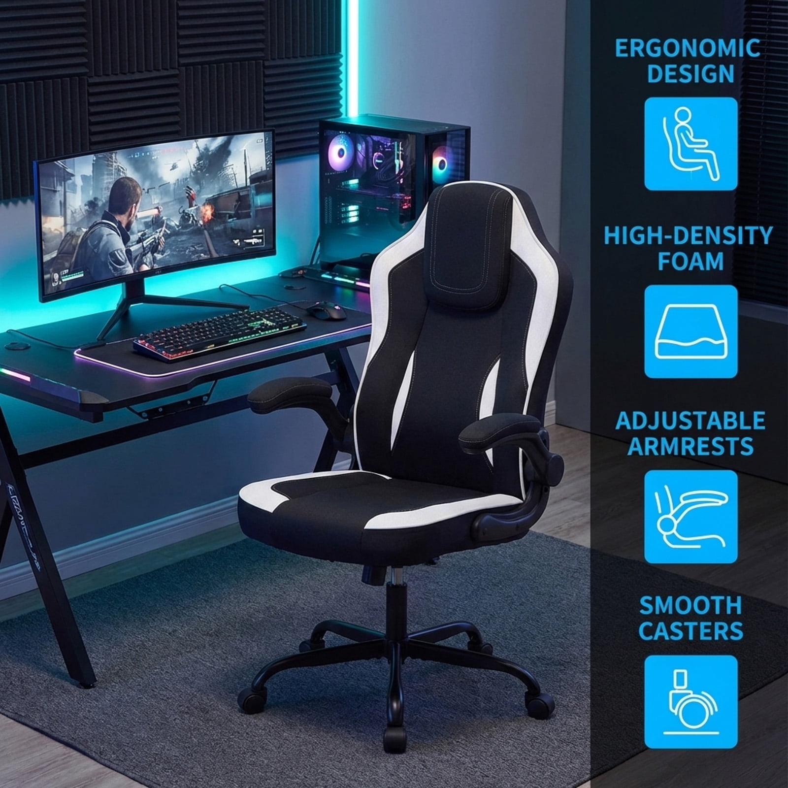 Furnibear Ergonomic Office Chair High Back Executive Desk Chair with Flip-up Armrests, Headrest, Lumbar Support, Computer Chair for Home Office, Black