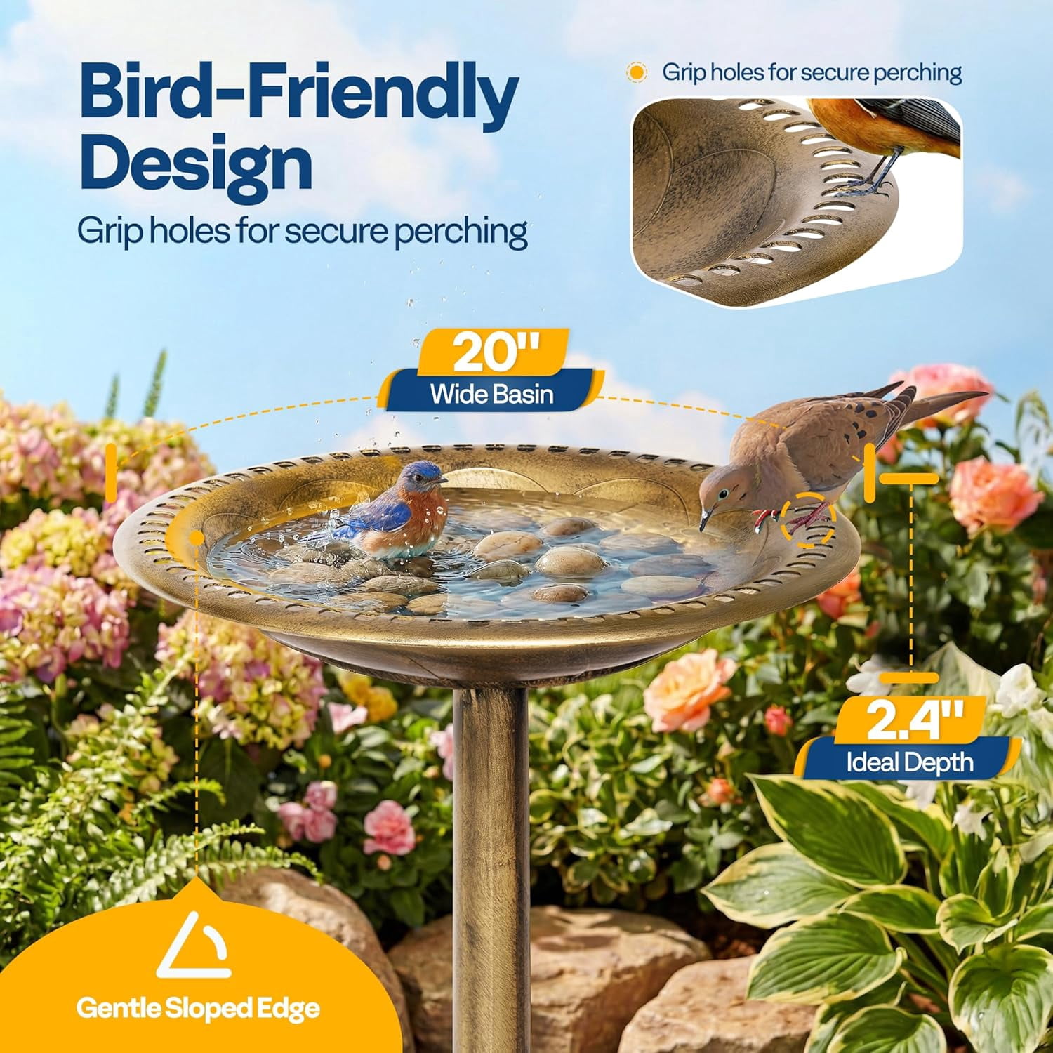 SPECSTAR Bird Bath, 28 inch Height Polyresin Lightweight Antique Outdoor Garden Birdbath Copper