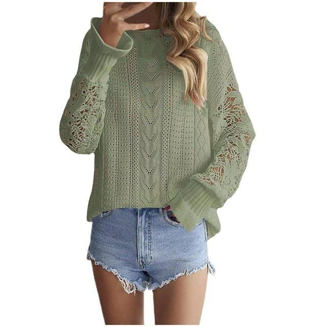 WRKEKC Chandails pour Femmes Couleur Unie Col Rond Ajouré Manches Longues Chandails à Enfiler pour l'Automne et l'Hiver Tenue Quotidienne Décontractée de Bureau