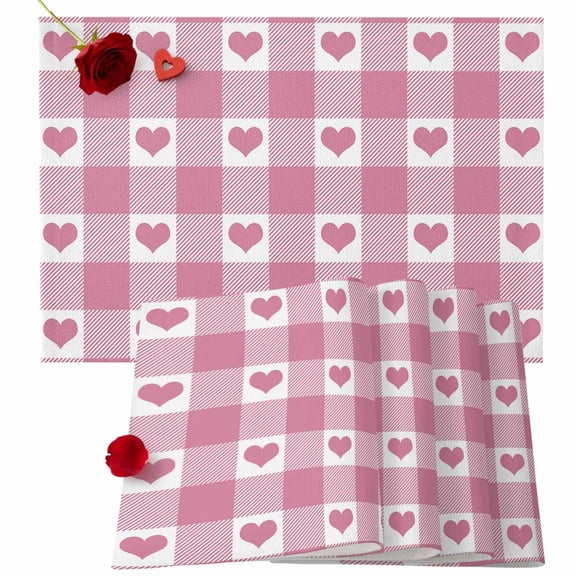 Valentine's Day Placemats Set of 6, Romantic Love Hearts Place Mats Pink Buffalo Plaid Check Tablemats Placemat Table Decoration for Kitchen Table Dinner Wedding Party Home Decor 13x19 Inch