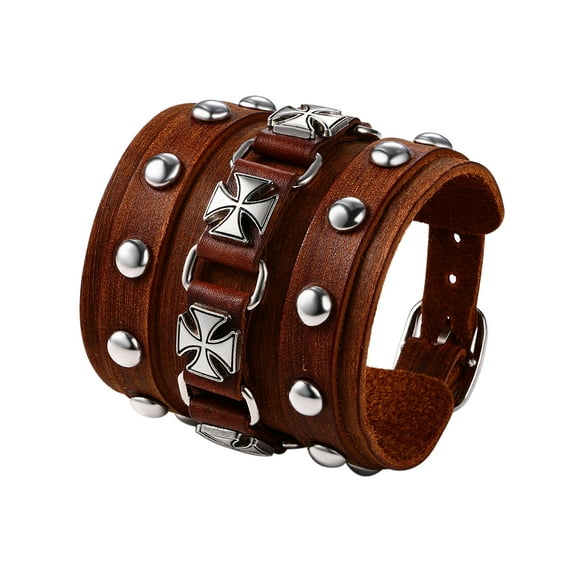 Avaner Men's Wide Cuff Wristband Punk Rock Motorbike Cross Wide Belt Leather Bracelet