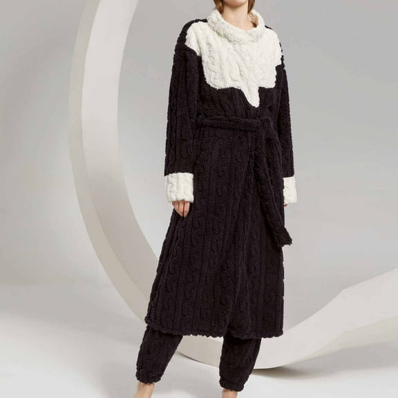 CALAFEBILA Womens Pjs Sets Plus Size Warm Pajama Fleece Thickened Robes Patchwork Nightgown Long