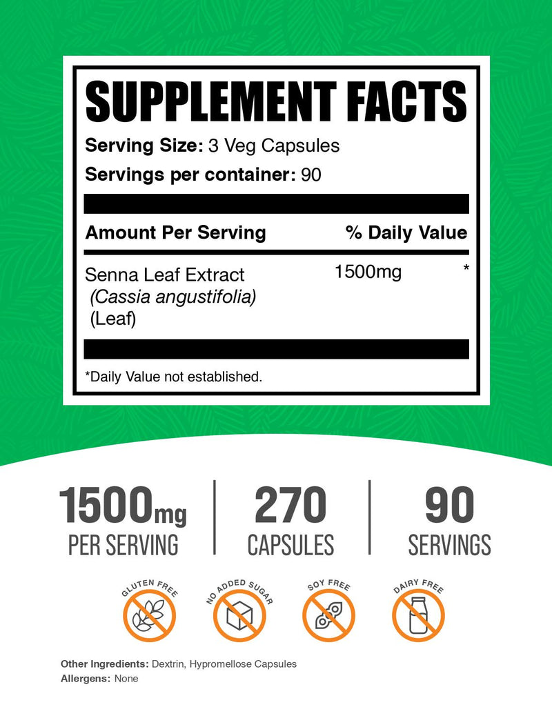 BulkSupplements Senna Leaf Extract Capsules – Digestive Support Supplement,3 Capsules per Serving (1500mg), 270 Count