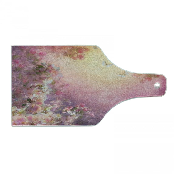 Art Cutting Board, Enchanted Cherry Blossom Petals Field Shabby Form Floral Garden Spring Picture, Tempered Glass Cutting and Serving Board, Wine Bottle Shape, Pale Pink Peach, by Ambesonne