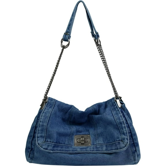 Denim Tote Bag for Women Fashion Adjustable Chain Shoulder Handbag Crossbody Bag Retro Zipper Hobo Purse