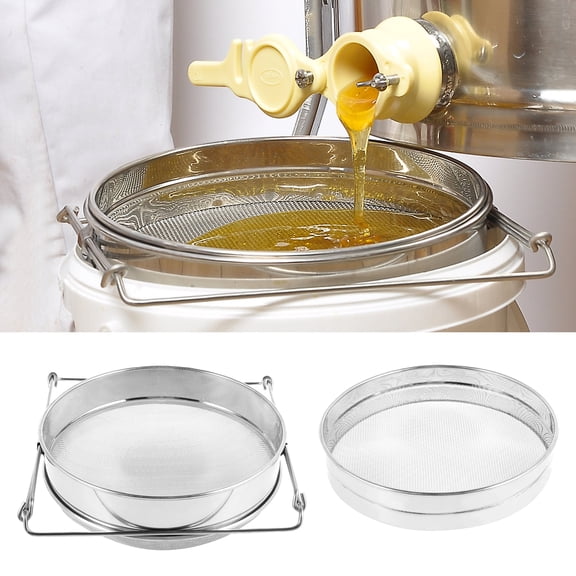 Austok Double Sieve Honey Strainer with Extendable Arms Stainless Steel Honey Mesh Strainer Efficient Double Mesh Sieve Reusable Double Sieve Mesh Filter for 5 Gallon Bucket Clean Honey