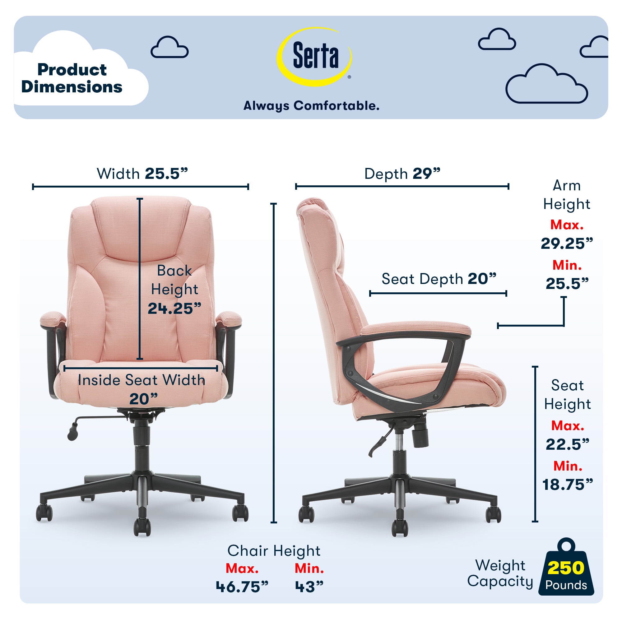 Serta Connor Executive Office Chair, Ergonomic Computer Chair with Layered Body Pillows, Contoured Lumbar, Adjustable Seat, Microfiber Fabric, Pink