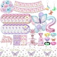 thumbnail image 2 of Decoración de fiesta de cumpleaños con mariposas, vajilla, platos de papel, vasos, fondo de mariposa morado y rosa, pancarta, regalos para bebés y niños, 2 of 5