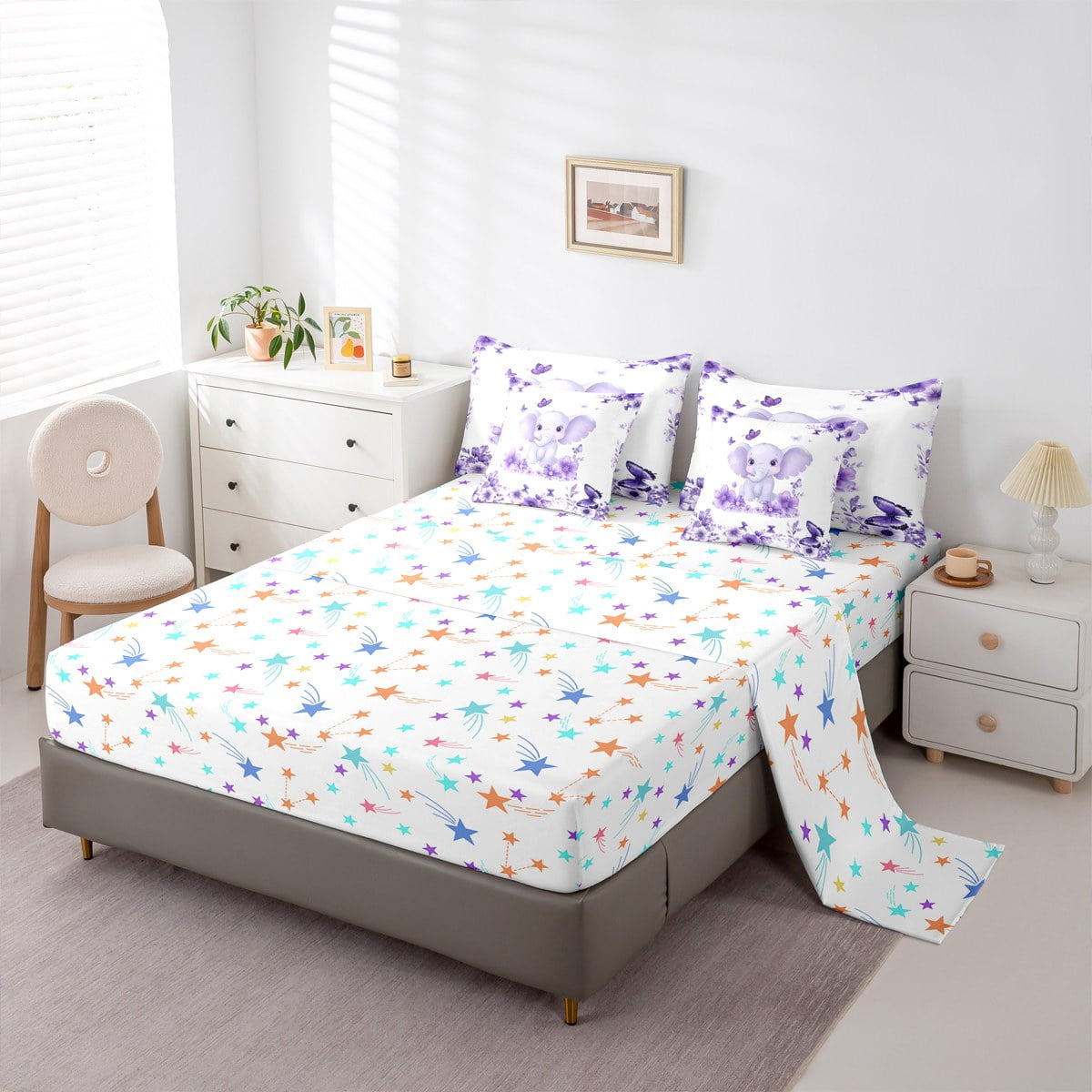 jejeloiu Cute Elephant Bedding Comforter Set 7pcs,Zoo Animal Queen Bedding Sets,Purple Flower Butterflies Queen Sheet Sets For Boys Girl,Super Cozy Room Decor Reversible