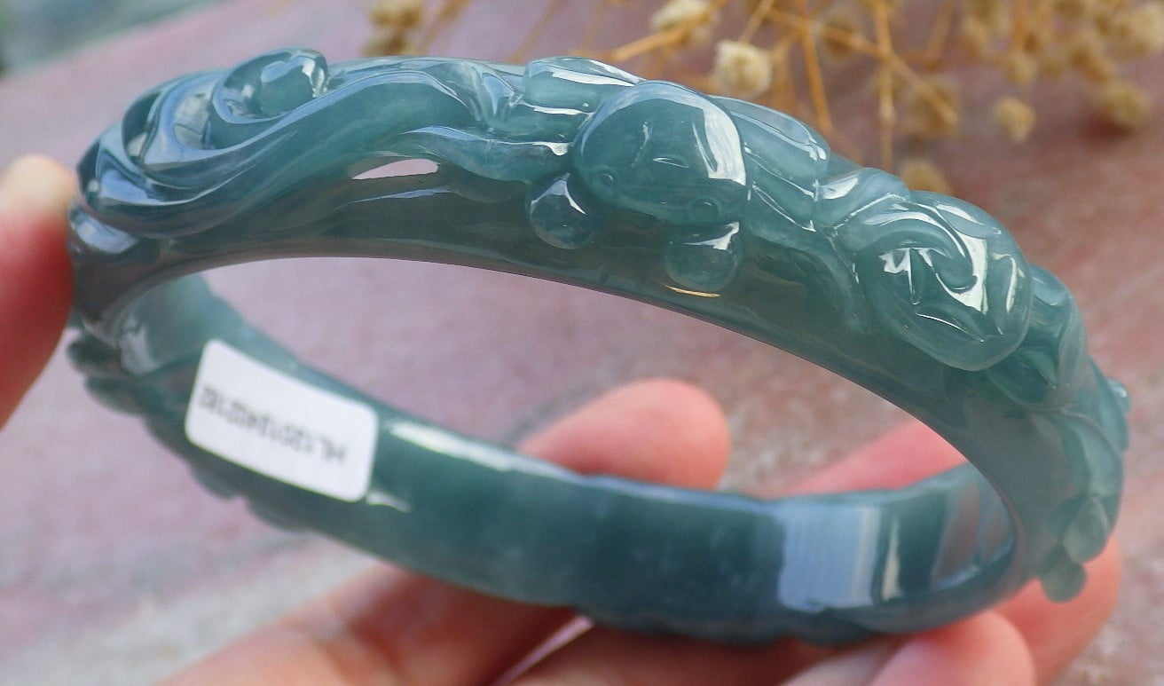Icy Green Natural A JADE Jadeite Crab Coin Lotus Leaf Bangle Bracelet 62 mm 680598 TN
