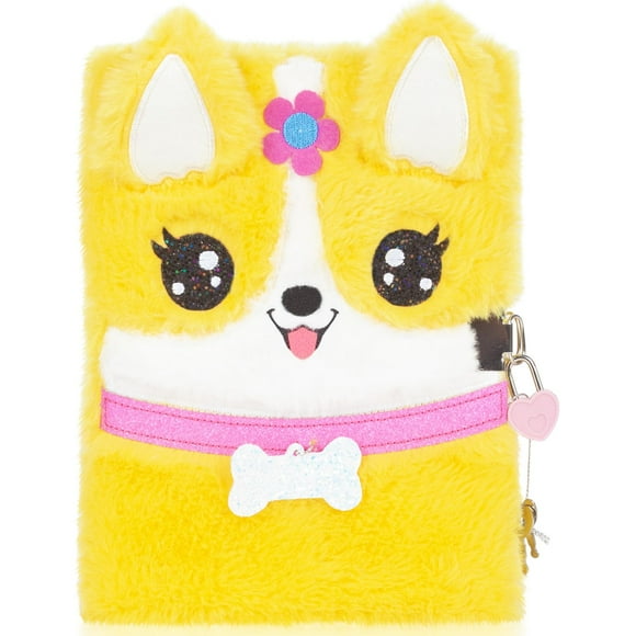 Cuaderno diario con forma de perro Corgi de peluche con candado para niñas de 5 a 12 años