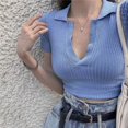thumbnail image 2 of Camisa de mujer Blusa de manga corta con cuello en V profundo Top corto de punto sexy, Azul Methold AP001386-04B, 2 of 7
