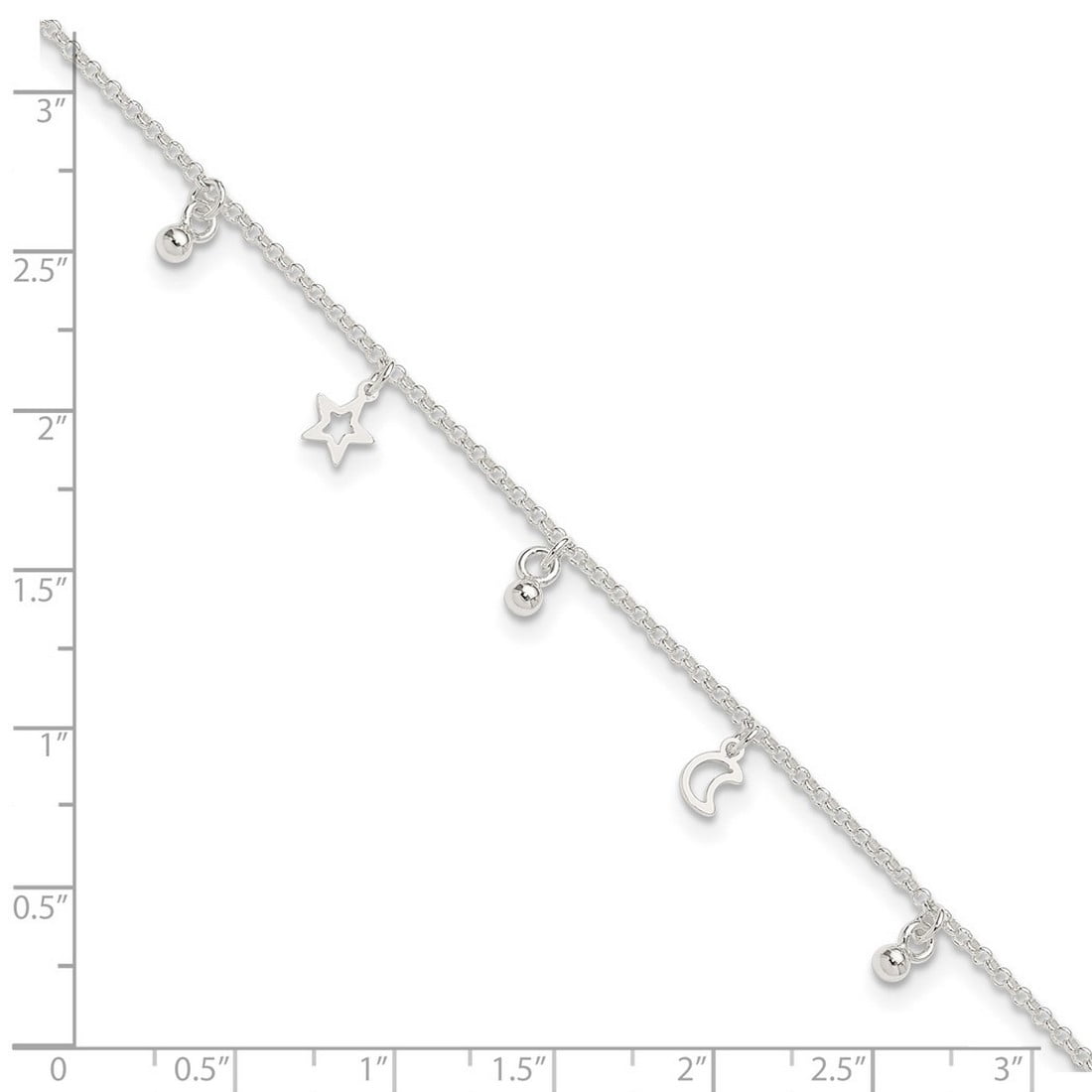 Sterling Silver Polished Bead Star and Moon With 1inch Ext. Anklet - 9 Inch - Measures 6mm Wide