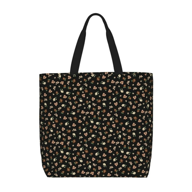 Fotbe Flower Pattern On Black Bolsa Tote con Estampado para Mujer, Bolsos con Cremallera, Bolsa de Hombro Casual de Gran Capacidad con Bolsillos Internos