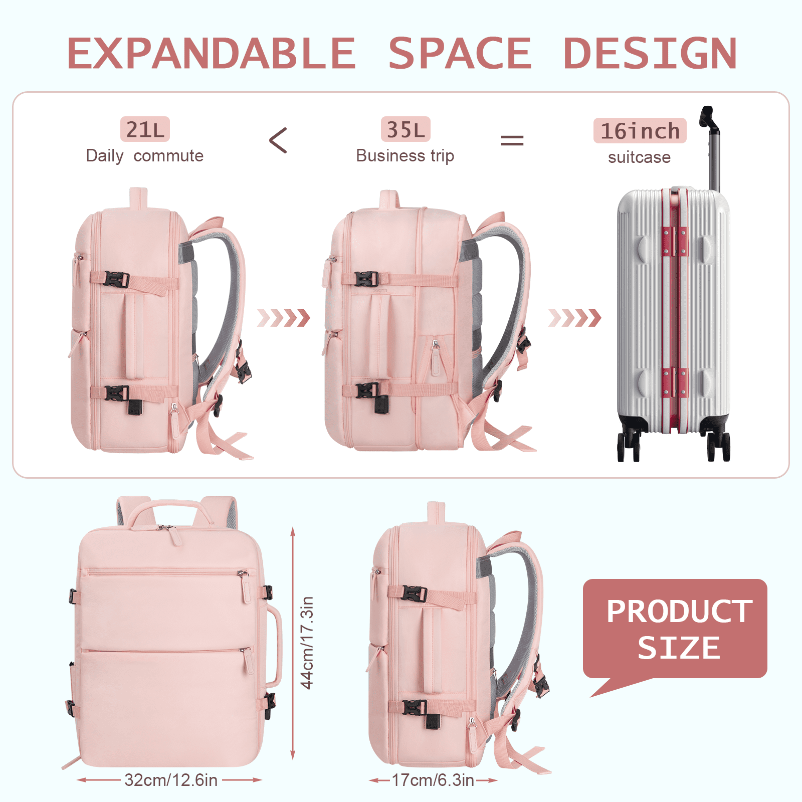 35L Travel Backpack, Carry on Luggage for Airplanes with 2 Packing Cubes, 15.6 inch Personal Item Travel Bag, Expandable Backpack with USB Charging Port & Shoe Pocket for Travel, Work,Pink