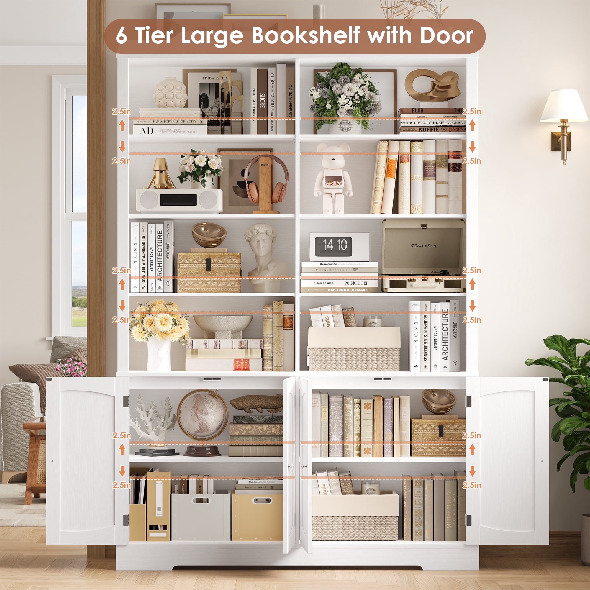 Homfa 73'' Tall Bookcase with 4 Doors, 6-Tier 8 Cubes Display Bookshelf, Double Row Bookcase with Adjustable Shelves for Living Room Home Office, White
