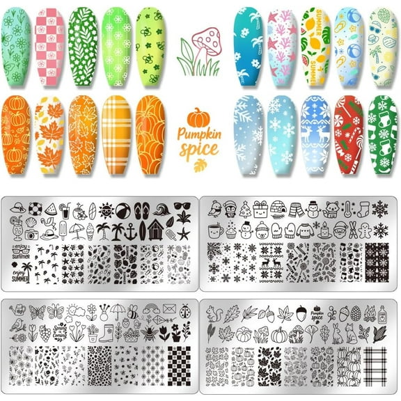 4pcs Season Nail Stamping Plate Spring Summer Fall Winter Art Templates Nail Art Stencils Stainless Steel Image Plates Tool for Women Print Manicures Salon Design Supplies