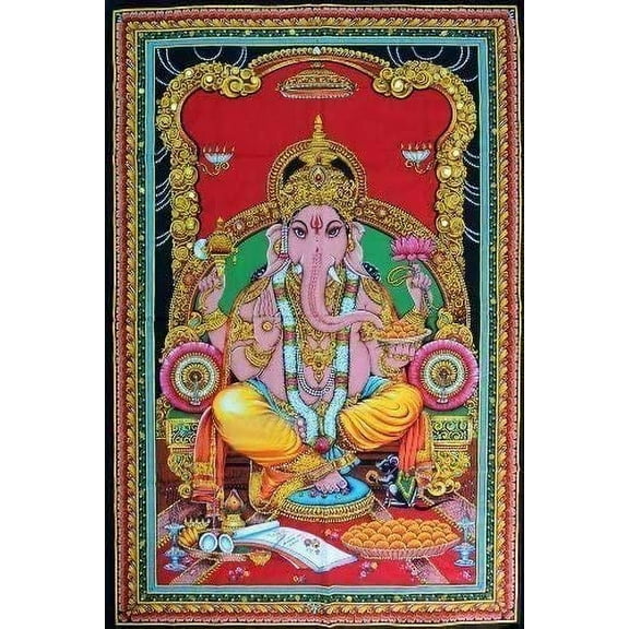 Rastogi Handicrafts Cotton Wall Hanging 40 x 30 Inch Indian Deity For Spritual & Decoration Purpose (singhasan ganpati)