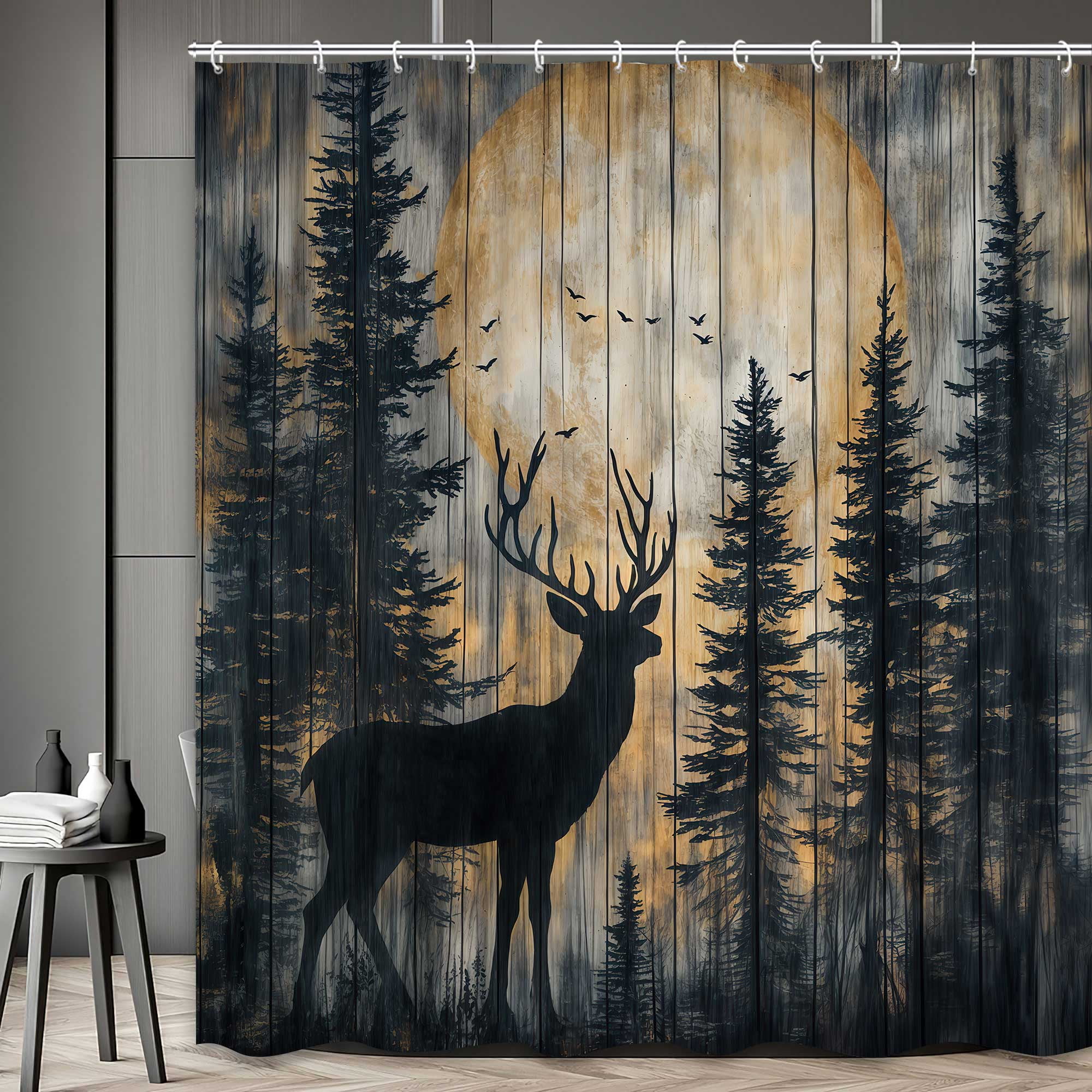 Rustic Forest Deer Shower Curtain, Cabin Farmhouse Country Lodge Bathroom Decor Accessories, Polyester Fabric Wooden Board Grey Gray Bath Curtain Set with Hooks, 72x72IN