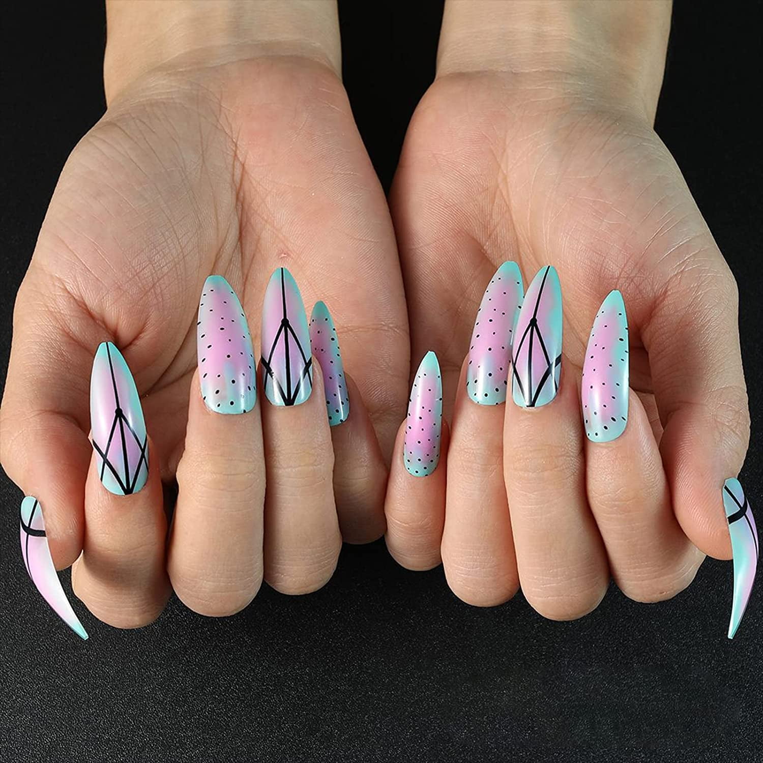 24 Pcs Press on Nails Medium Fake Nails Geometry Discoloration with Glue & Adhesive tape Acrylic Static Glue on Nails for Women and Girls 24 Pcs Press on Nails Medium Fake Nails Geometry Discoloration with Glue & Adhesive tape Acrylic Static Glue on Nails for Women and Girls