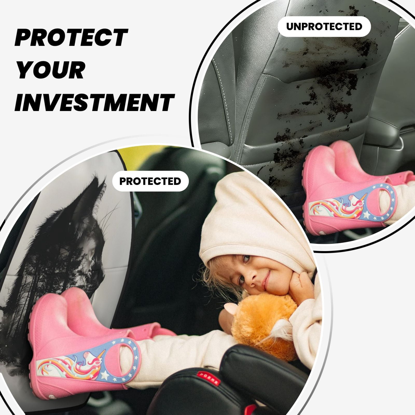 Kdxio Double Exposure Cat Forest Print 2 Pack Car Kick Mat Seat Cover Back Protector Mat with Pockets for Organizer Backseat Protector and Storage Anti Kick Pad for Vehicles