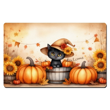 Tis The Season Fall Front Door Mat A black cat wearing a witch hat sitting in a barrel surrounded by pumpkins. Washable Door Mats Standard Doormat Porch Doormats