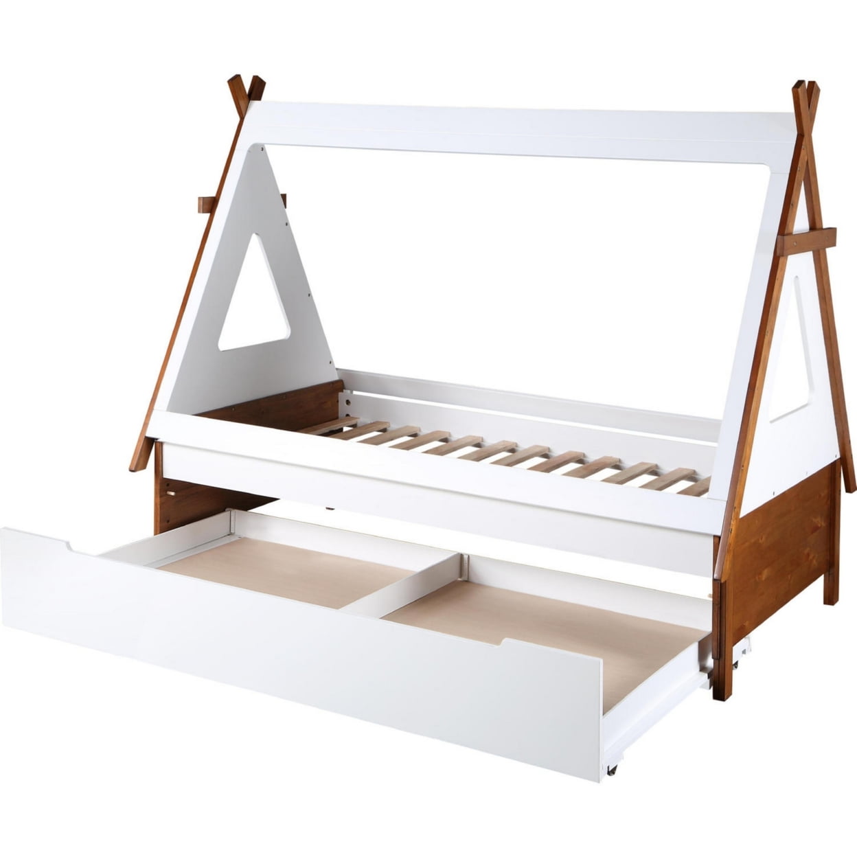 Benzara Modern Wood Twin Bed, House Shaped Bed Frame, Slat System, Brown, White
