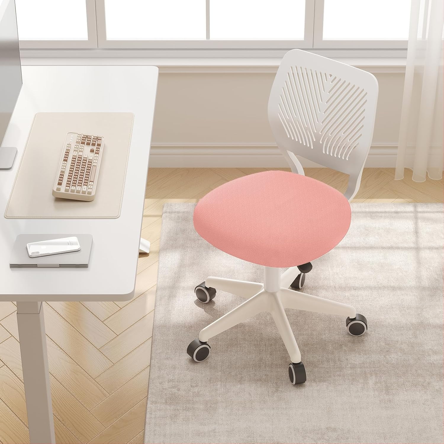 Neatifyes Armless Desk Chair, Height Adjustable Swivel Office Rolling Task Chairs with Soft Mesh Padded Cushion, Ergonomic Small Study Computer Chair for Girls Boys Teens (Pink, 1PC)