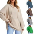 thumbnail image 2 of Women's Waffle Knit Hooded Pullover with Side Slits Casual Drop Shoulder Long Sleeve Sweatshirt Ribbed Cuff Sporty Top with Front Pockets and Relaxed Fit Streetwear Top, 2 of 11