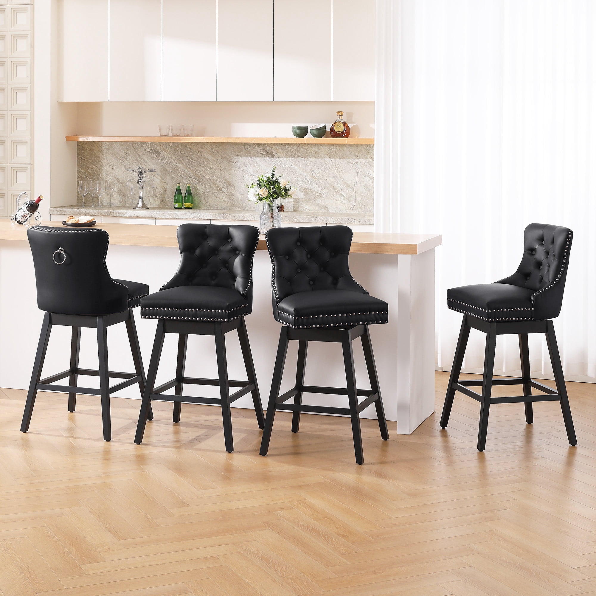 Tewloss 30" Swivel Bar Stools Set of 4 With Back Leather Bar Height Chairs for Home Kitchen, Black