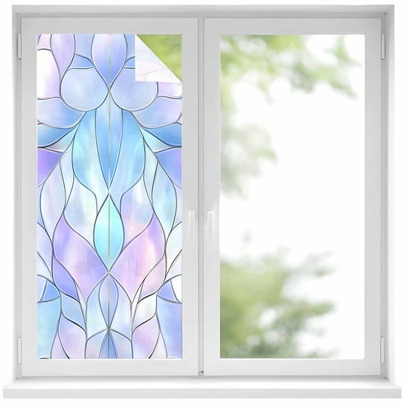 Stained Glass Window Privacy Film, Blue Purple Floral Geometric Static Cling UV Sun Blocking Heat Control Window Tint Day and Night, Non-Adhesive Reusable One Way Windows Privacy Cover 17.7''x39.3''