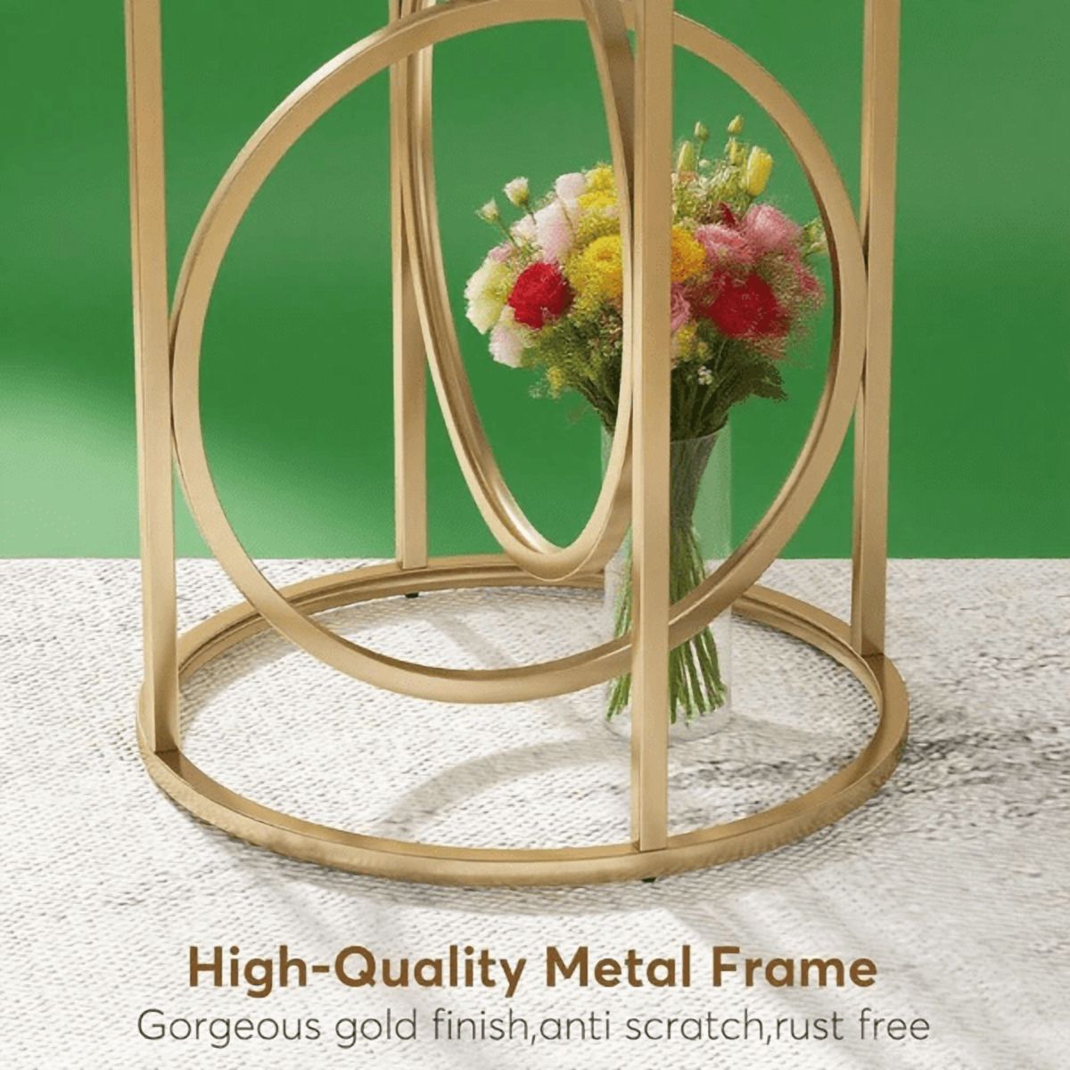 Round Gold Side Table with White Marble Top, O-Shaped Metal Frame for Living Room/Bedroom/Nightstand