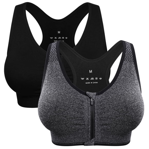 Sujetador deportivo con cremallera en la parte delantera para mujer, inalámbrico, acolchado, posquirúrgico, espalda cruzada, entrenamiento y yoga, paquete de 2