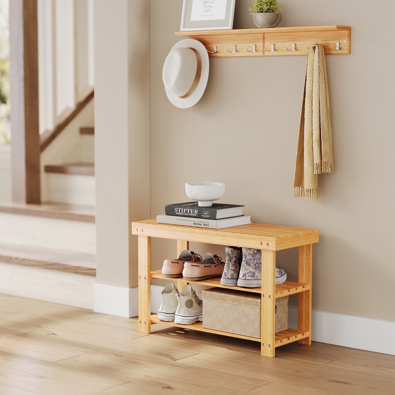 LEDREM 3-Tier Bamboo Shoe Bench Organizer, Multi-Functional Entryway Storage with Seat, 286lb Capacity, Quick Assembly, Natural