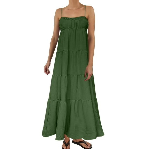 Vestido largo sin mangas de verano con tirantes finos y ribetes en contraste para mujer