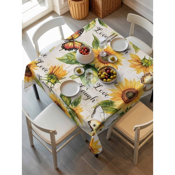 Sunflower Tablecloth Square Table Cloth 60x60, Waterproof Tablecloth Outdoor Table Cloth, Summer Botanical Vintage Spring Floral Butterfly Washable Table Cover for Kitchen Dinning Party