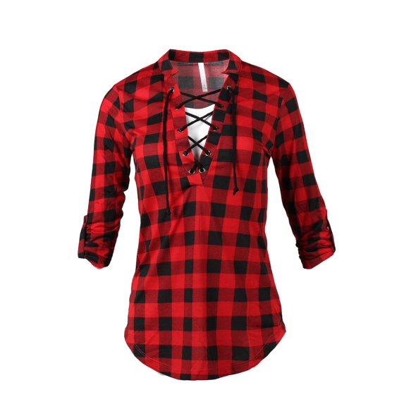 FashionOutfit Women's Casual Lace Up V-Neckline Rolled Up Sleeve Plaid Top
