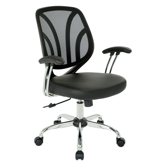 Screen Back Chair in Black Faux Leather with Chrome Padded Arms