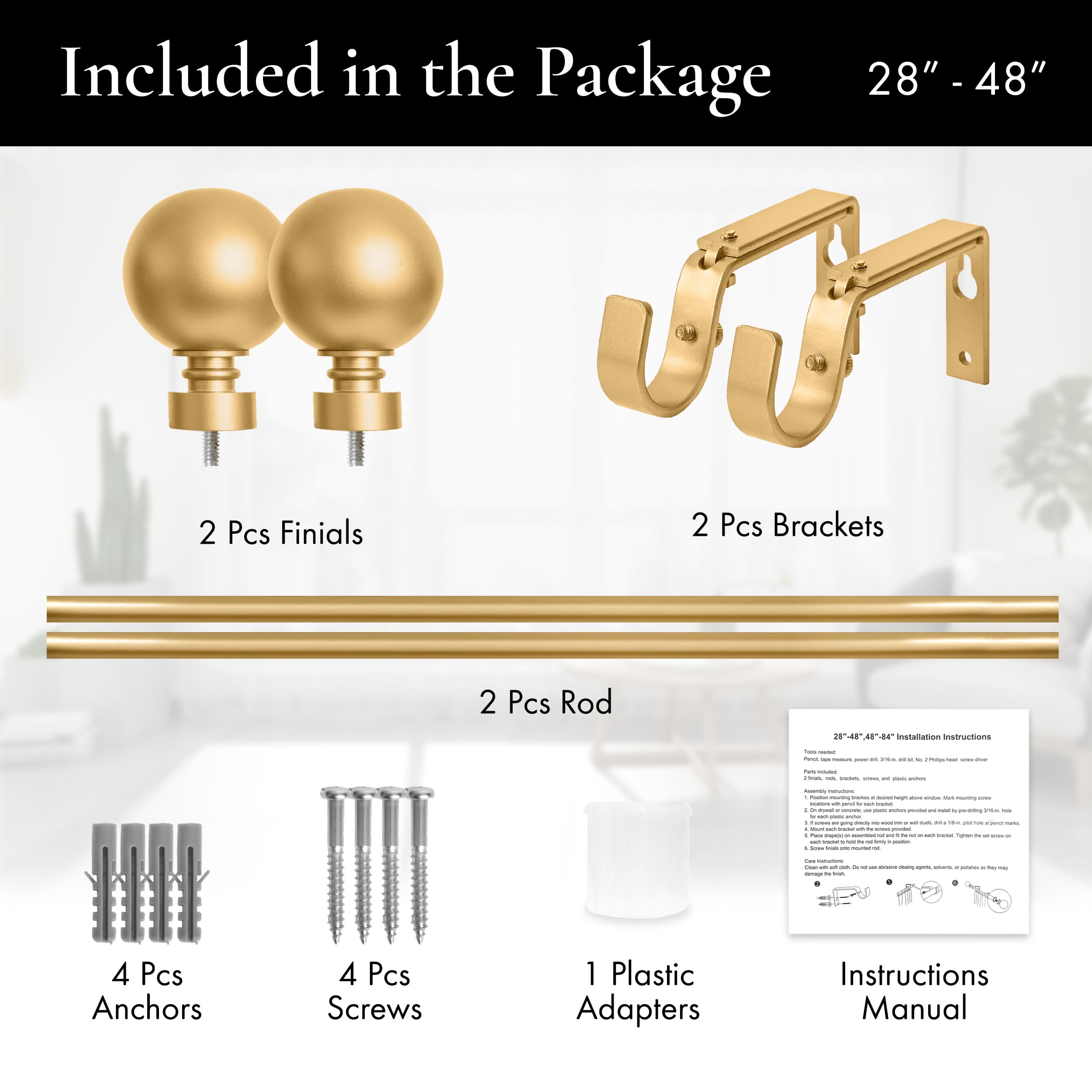 MERIVILLE 1" Single Curtain Rod Set, Adjustable 28-48 Inches, Ball Finials, Gold
