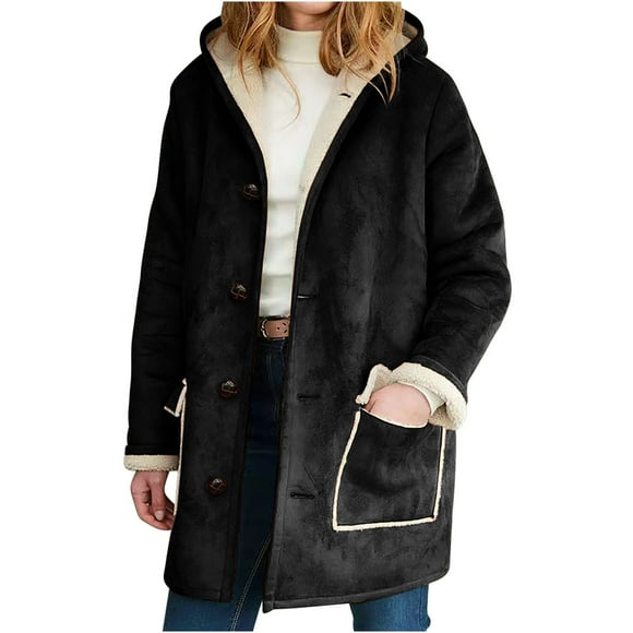 Mrat Zip up Fleece Hoodie Lady Women Winter Warm Composite Plush Button Hooded Jacket Outwear Solid Color Coat Ladies Winter Jackets S-221 Black XL