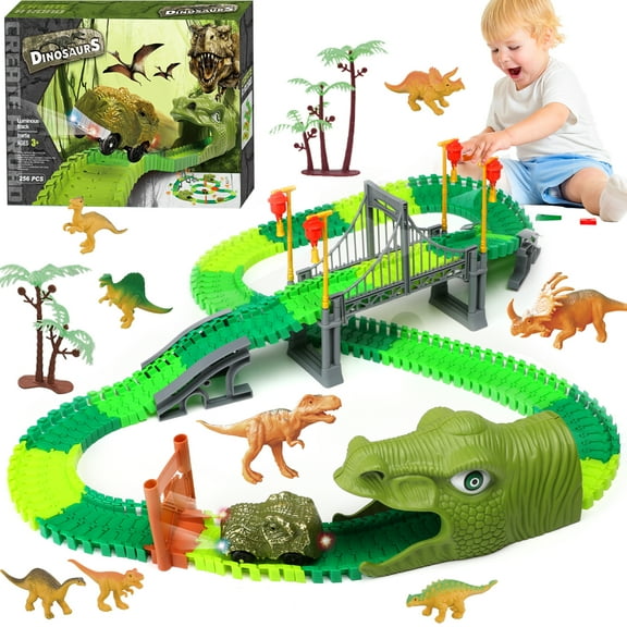 Beefunni Dinosaur Train Toys Road Race Track Set, Toddler Dinosaur World Toys Cars, Christmas Birthday Gifts for 2 3 4 5 6 7 8 Year Old Boys Girls