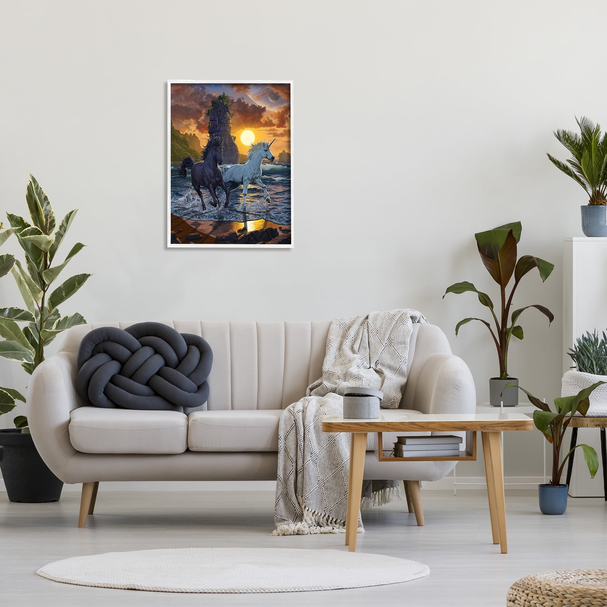 Stupell Industries Unicorns on Beach Fairy Tales & Fantasy Painting White Framed Art Print Wall Art, 24 x 30