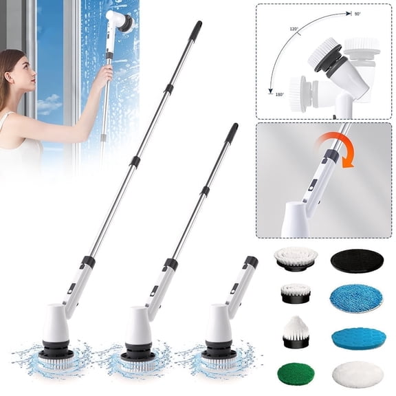 7-in-1 Electric Spin Scrubber, Cordless Power Scrubber Cordless Cleaning Brush with 8 Replacement Brush Head & 3 Extension Arm, Shower Cleaning Brush for Bathroom, Tile, Floor