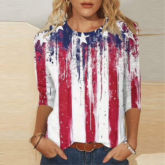 Cavosen Patriotic Tops for Women Patriotic 3/4 Sleeve Crew Neck Tops USA Star Striped Print T Shirts Lady XL Independence Day Casual Shirts Funny 4th of July Tunic Tees 2025 Patriotic Outfits