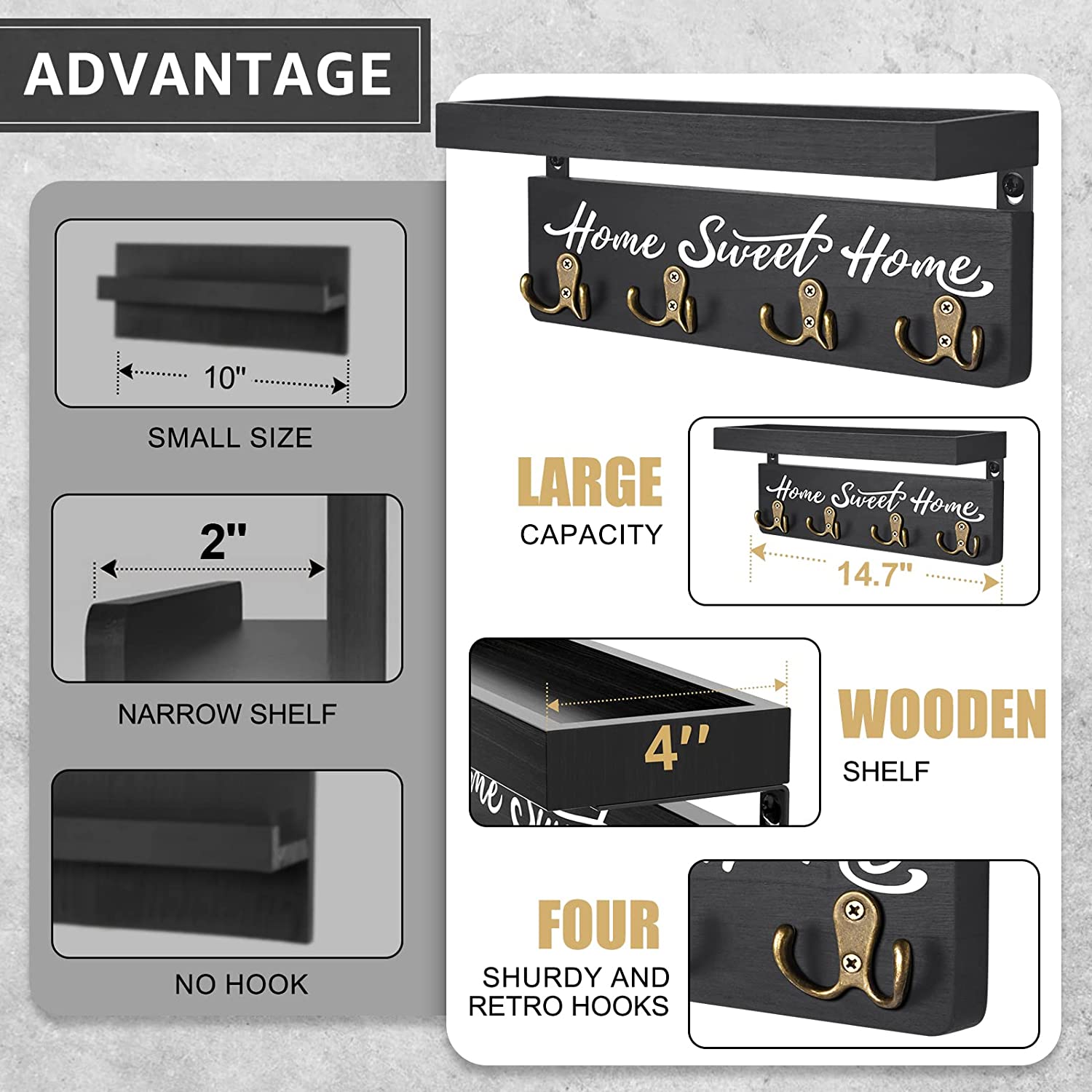 Key Holder for Wall, Dinosam Mail Organizer Wall Mount with Double 4 Key Hook and Mail Holder, Designer Key Rack Suitable for Entryway, Hallway, Bedroom, Living Room and Office，Black